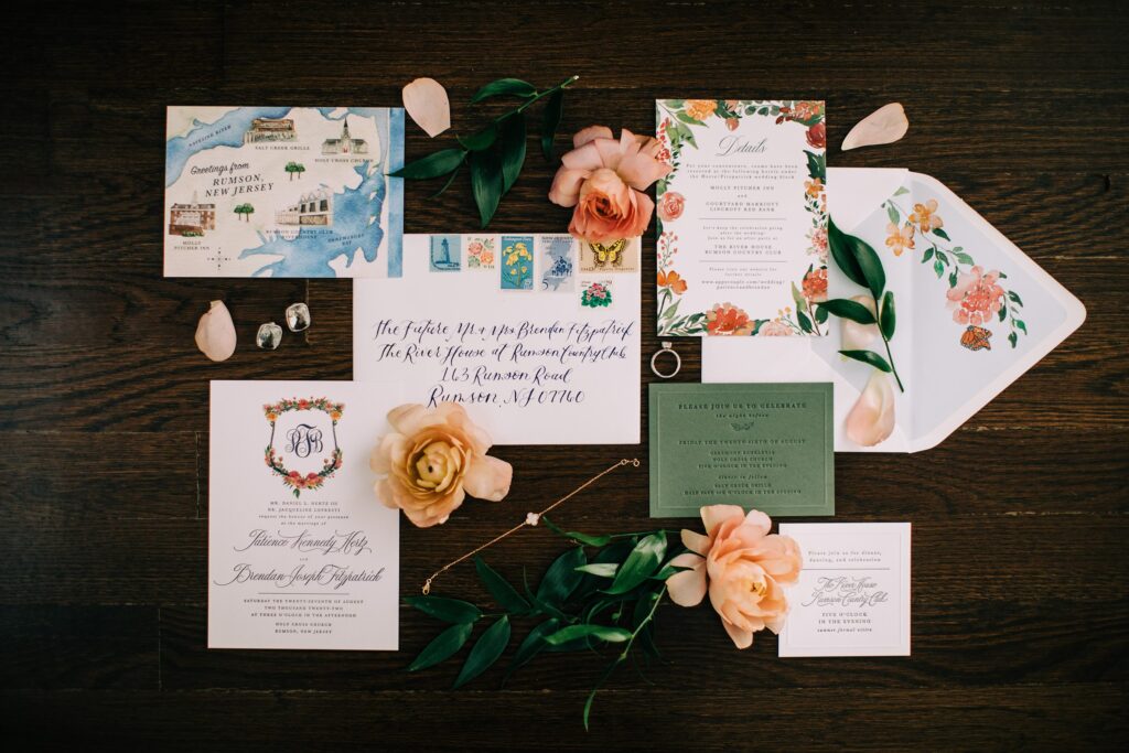 Summer wedding invitation suite for Rumson Country Club River House wedding
