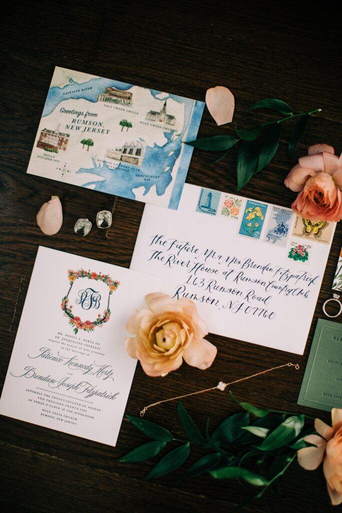 Summery invitation suite for Rumson New Jersey wedding 