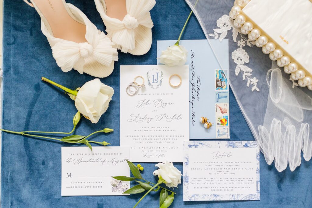 Wedding detail flat lay for New Jersey coastal wedding 