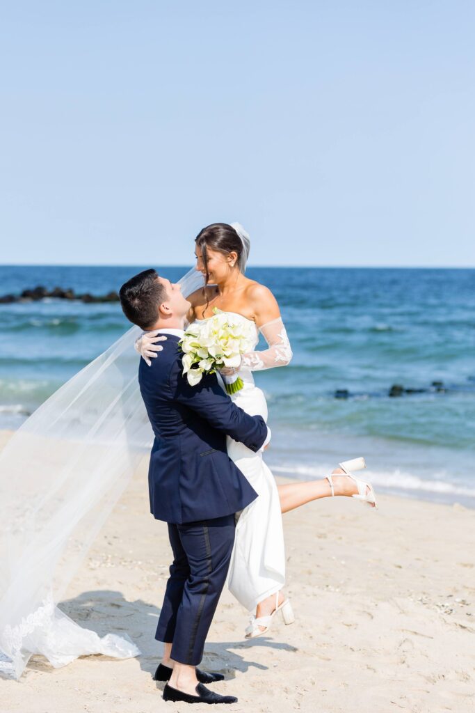 Bride and groom portrait on the beach for Spring Lake Bath & Tennis Club wedding