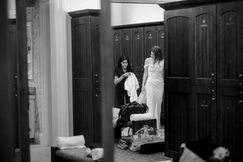 Bride getting ready black and white portrait 