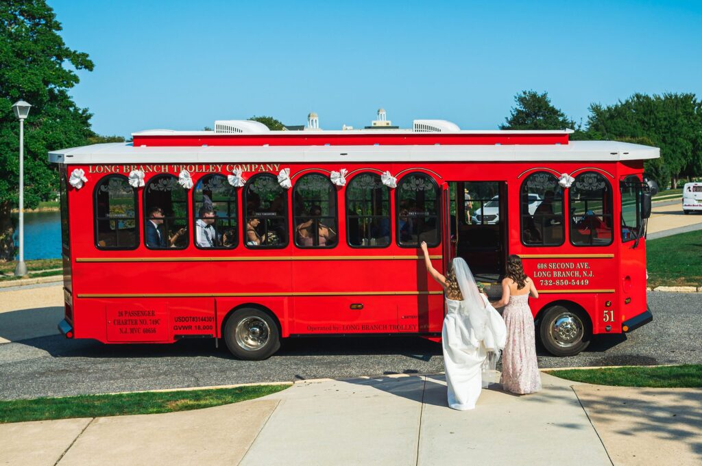 Bride boarding the trolly for her wedding